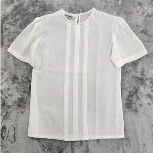 Vintage 70s‎ Judy Bond Top Womens 10 White Pearl Ribbon Rose Round Neck Pleated